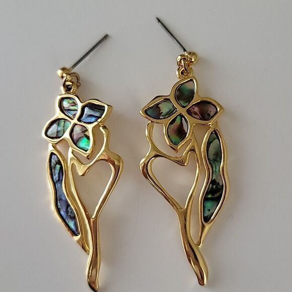 𝅺Vintage Earrings Abalone Seashell Gold Tone Floral Earrings Signed #0045 - Picture 7 of 11